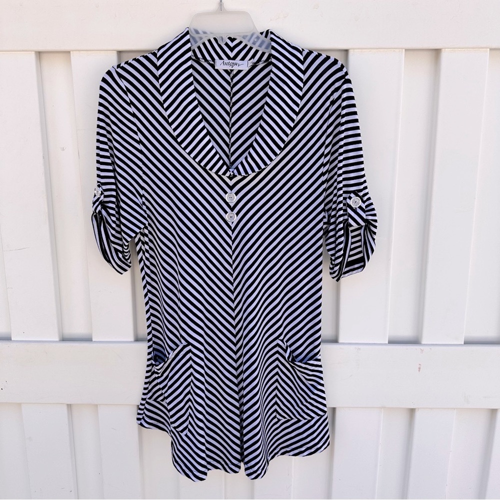 Antom Black Striped Chevron Tunic Blouse Shirt Top NWOT